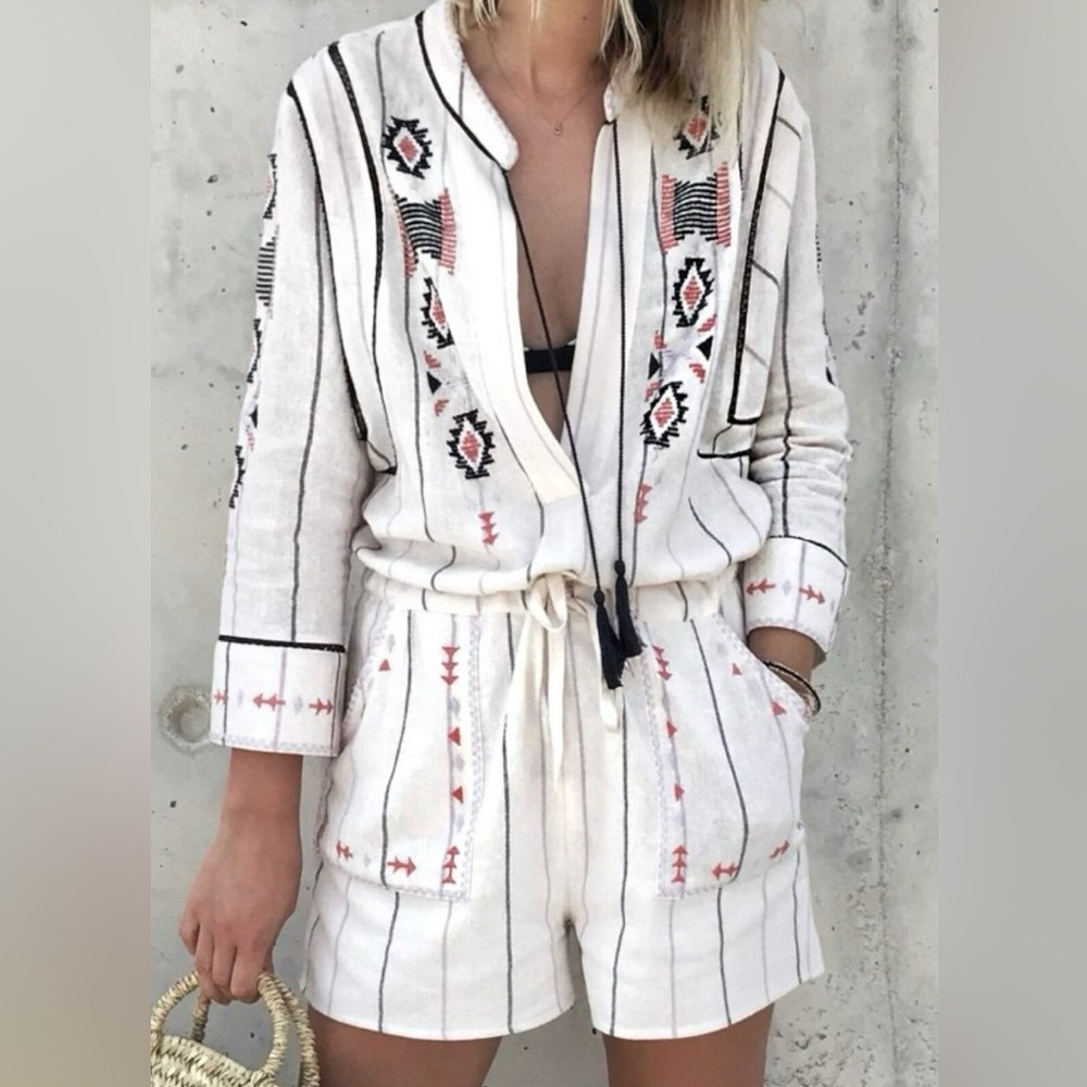 Free People Baja Aztec embroidered long sleeve romper size medium